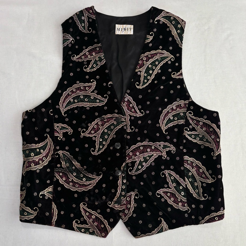 VTG Mixit Black/Emerald Green/Burgundy Velvet Paisley Vest, Size Large, GUC